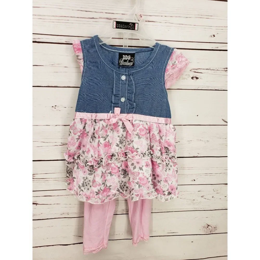 DDG‎ Darling 12 months 2 piece outfit floral denim top pink leggings tights
